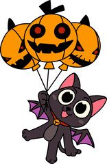 Bat Cat Flying with Halloween Pumpkin Balloons (Color Outline Illustration)