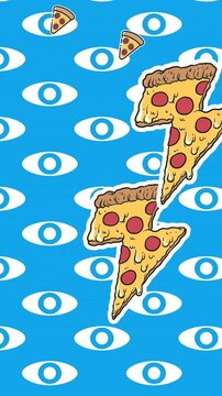 Animation of pizza and eyes icons on blue background