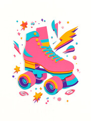 Obraz premium Layered paper cut illustration of a retro roller skate in pastel pink with rainbow wheels, stars, sparkles, and lightning bolts in bright colors on a white background. Optional motion lines for moveme