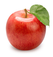 Fresh Red Apple with green Leaf isolated on White with Clipping Path.