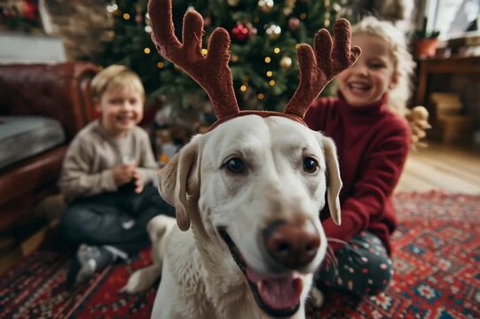 labrador cute dog in reindeer rudolf costume with antlers near christmas tree at home, with kids laying together