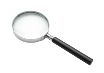 Magnifying glass with metal frame and black handle focused on detail isolated on transparent background