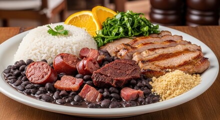 A plate of Brazilian feijoada with rice, sausage, meat, and orange slices.