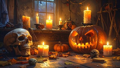 Spooky Halloween Decor Glowing Pumpkins, Candles, and Skulls in a Cozy, Shadowy Room