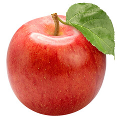 Fresh Red Apple with green Leaf isolated on White with Clipping Path PNG File.