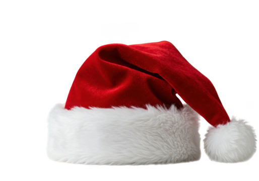 Classic red santa hat with white trim and pom pom festive christmas icon isolated on transparent background