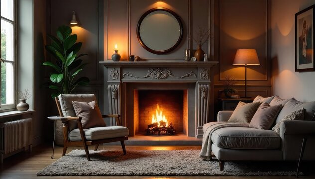 Cozy Living Room with Fireplace Intimate Conversation Setting, Warm Soft Lighting, Comfortable Armchair, Homey Atmosphere, Perfect for Relaxation and Gathering