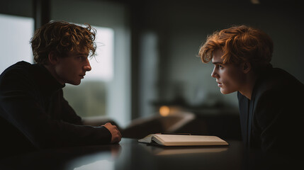 Two young founders in deep conversation at a modern table, notebook between them. Shot with Canon EOS R5, 50mm lens, cinematic lighting