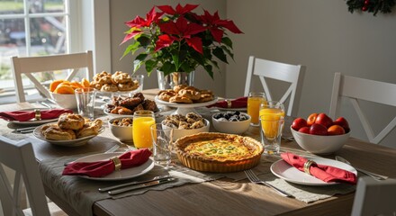 Fototapeta premium Festive Table Setting with Quiche Fruit and Poinsettia.