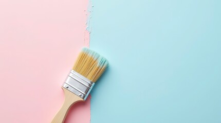 Paint brush with wooden handle on pastel blue pink background 3d render