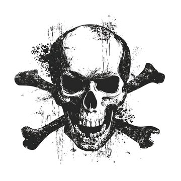Grungey black and white pirate skull logo on white background