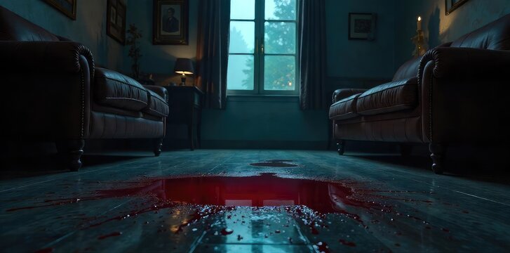 A darkened room, a single pool of blood on the polished floor, overturned furniture suggesting a struggle  A chilling image hinting at a violent crime scene ,  bloodshed,  grim