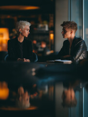 Two young founders in deep conversation at a modern table, notebook between them. Shot with Canon EOS R5, 50mm lens, cinematic lighting