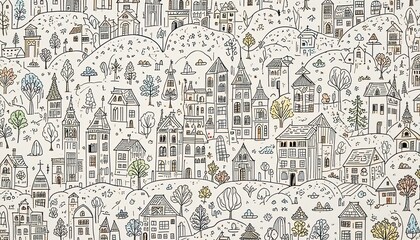 Obraz premium A whimsical cityscape, drawn with delicate lines and colorful accents, showcases a charming hilly town.