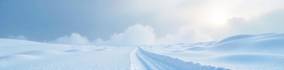 A desolate, snow-covered landscape stretches to a horizon shrouded in mist, devoid of any sign of life; the stark beauty of winter's solitude ,  cold,  empty,  season