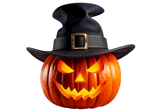 ack O' Lantern, cut out. Halloween pumpkin in hat, the main symbol of the Happy Halloween isolated on a transparent or white background