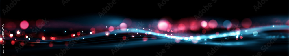 Wall mural close-up abstract pattern of glowing blue and red dots and waves on black surface, with blurred ligh