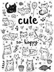 Naklejka premium Cute cat doodles with hearts, balloons, fish, music notes, coffee cups, and 