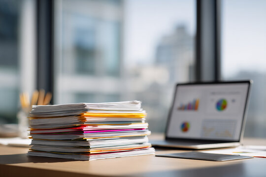 Orderly folders and open charts show corporate bankruptcy process, corporate theme enhanced by daylight workspace, corporate visuals suit professional branding