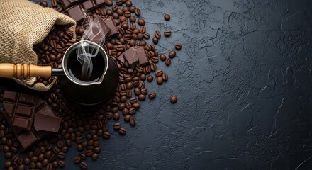 Turkish Coffee Brewing with Coffee Beans and Chocolate.