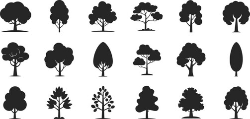 Collection of different tree silhouettes, isolated vector illustration, natural design, forest elements, landscape concept, environment icons, botanical set, eco artwork