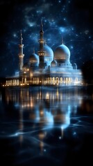 Obraz premium Majestic mosque with white domes and minarets illuminated at night, reflecting in water against mystical starry sky with glowing blue nebula effects.