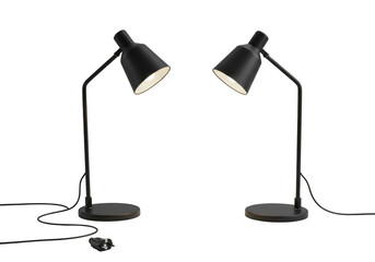 Two modern black desk lamps illuminated showing adjustable design and bright light isolated on transparent background
