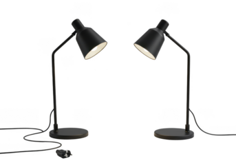 Two modern black desk lamps illuminated showing adjustable design and bright light isolated on transparent background