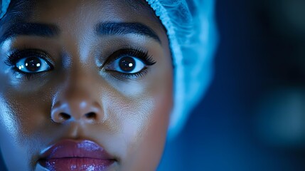 Young African American female healthcare worker in blue surgical cap and mask illuminated by dramatic blue lighting, close-up portrait showing determined expression.