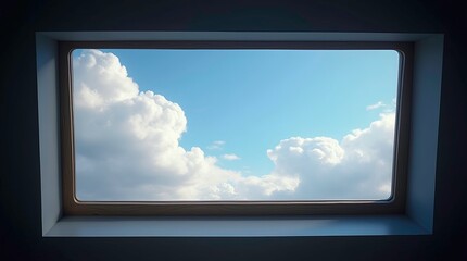 Image of attic window with blue sky view.3d render