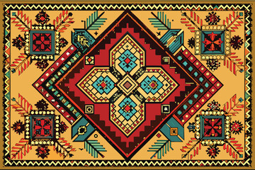 Vector art of an ornate and colorful folk art rug design featuring geometric shapes and patterns in red, blue, and yellow tones