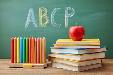 Playful hand-drawn ABC letters dominate chalkboard, playful setup with scattered chalk and apple, playful vibe for kids education content or teacher resource