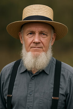 Portrait of Amish man, dressed in traditional attire including straw hat, suspenders, and beard without mustache. Lifestyle focused on community, faith, and simplicity.