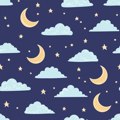 Night Sky Pattern with Moon Stars and Clouds