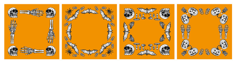 Halloween frame design collection with skull, bones, pumpkin, bat, spider drawings for card, poster, invitation, banner. Sketch, outline illustrations. Hand-drawn vector line art