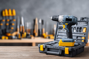 Cordless drill-screwdriver on a wooden table with a tool case and against the background of an organized workshop demonstrating various tools and equipment. DIY home improvement concept