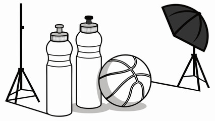 Studio still life of sports equipment and lighting setup.