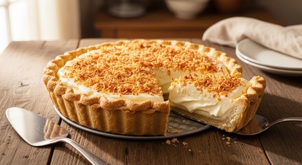 A delicious coconut cream pie with a slice removed, resting on a wooden table.