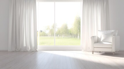 Fototapeta premium armchair. Sleek living room featuring a single chair by a large window, with natural light and blurred outdoor greenery. lifestyle magazines.
