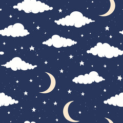 Night Sky Pattern with Moon Stars and Clouds