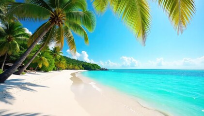 Sun-drenched beach scene with vibrant turquoise water, white sand, and palm trees swaying gently in the warm breeze Perfect for summer vacation themes , palm trees, energy