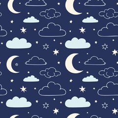 Night Sky Pattern with Moon Stars and Clouds