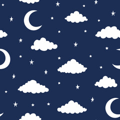Night Sky Pattern with Moon Stars and Clouds