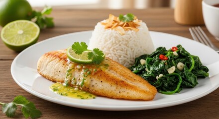 A beautifully plated dish featuring pan-seared fish, fluffy white rice, and vibrant spinach.