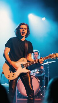 Energetic emotional rock guitarist with long hair playing electric guitar in spotlight, performing on stage with dramatic blue lighting.