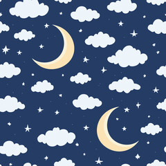 Night Sky Pattern with Moon Stars and Clouds
