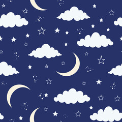 Fototapeta premium Night Sky Pattern with Moon Stars and Clouds