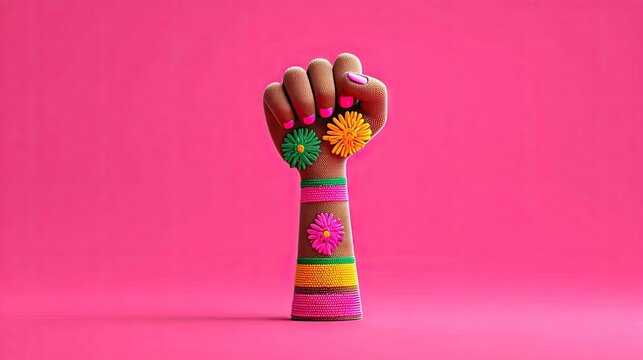 A fist raised, adorned with flowers and bands, against a hot pink background - Powered by Adobe