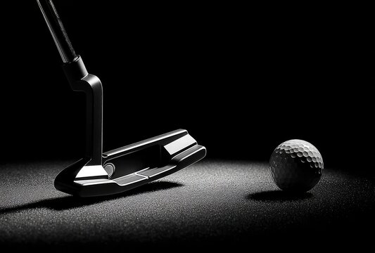 Black golf putter poised over a ball