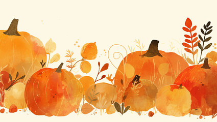Vibrant watercolor illustration featuring a variety of pumpkins surrounded by autumn leaves and foliage, creating a warm seasonal atmosphere perfect for fall-themed designs